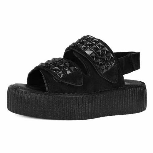 [BRM2183447] 티유케이 블랙 스웨이드 벨크로 스터드 스터디드 샌들 우먼스 V3254L  T.U.K. Black Suede Velcro Studded Sandal Sandals