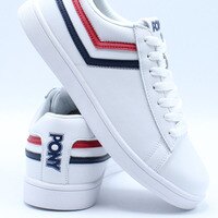 [BRM2007175] 포니 맨즈 레이서 트라이 칼라 레더/가죽 스니커 - 화이트 네이비 레드 캐주얼화  PONY Men&#039;s Racer Tri Color Leather Sneaker White Navy Red